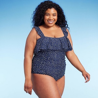 

Женский цельный купальник в горошек с оборками на плечах - Kona Sol Navy Blue 24, Not available