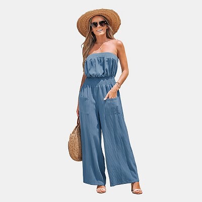 

Женский хлопковый комбинезон с присборенной трубкой — Cupshe-L-Blue, Not available