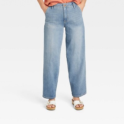 

Женские прямые джинсы с высокой посадкой - Универсальная нить, средняя стирка, Medium wash