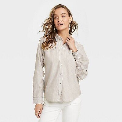 Женская Классическая рубашка на пуговицах с длинным рукавом - Универсальная нить Желто-коричневая Полосатый L