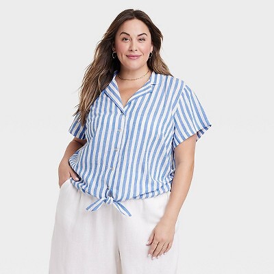 

Женская льняная рубашка с коротким рукавом и воротником на пуговицах - Ava - Viv Blue Striped, Синий