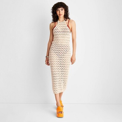 

Женское платье-свитер миди с завязками на шее и открытой вязкой, связанное крючком - Future, Tan