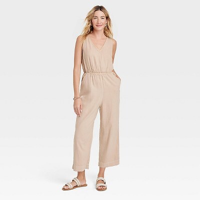 Universal Thread Women's Sleeveless Jumpsuit Casual Relaxed Wide Leg, Tan, M