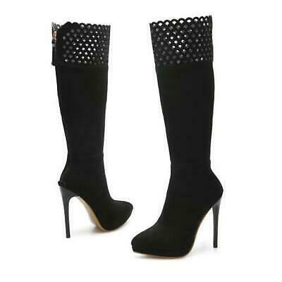 Sexy Womens Pointy Toe High Heel Stilettos Zip faux suede Knee High Boots MOON