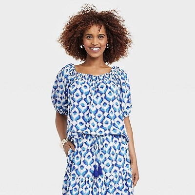 

Женская крестьянская блузка с рукавами до локтя — Knox Rose Blue Ikat, Синий