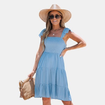 

Женское мини-платье с присборенными сборками и рюшами — Cupshe-L-Blue, Not available