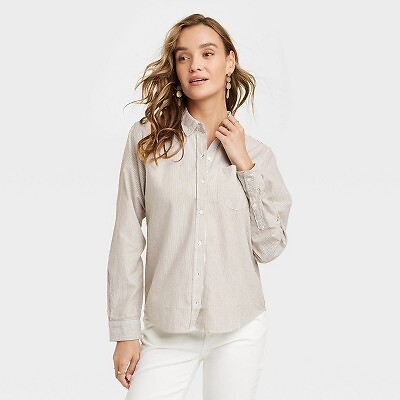 

Женская классическая рубашка на пуговицах с длинным рукавом - Universal Thread Tan Stripes S, Not available