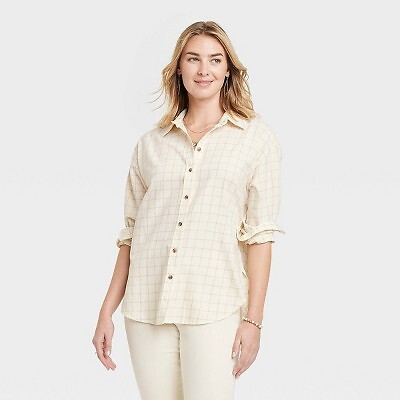 

Женская рубашка свободного кроя с длинным рукавом на пуговицах - Universal Thread Tan Plaid