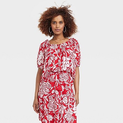 

Женская крестьянская блузка с рукавами до локтя — Knox Rose Red Floral, Красный