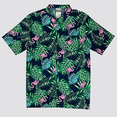 

Мужская рубашка IML на пуговицах с принтом фламинго и пальм - темно-синий