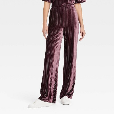 Womens High-Rise Straight Leg Velour Pull-On Pants - A New Day Burgundy L