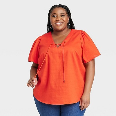 

Женский топ на шнуровке с короткими рукавами больших размеров - Knox Rose Coral Orange
