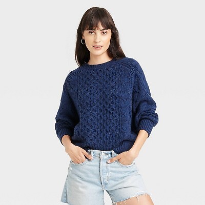 Women's Crewneck Cable Knit Pullover Sweater - Universal Thread Navy Blue XL