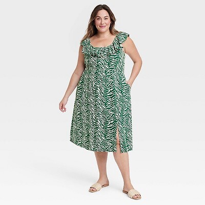 

Женское платье макси с завышенной талией и оборками - Ava - Viv Green Zebra Print, Зеленый