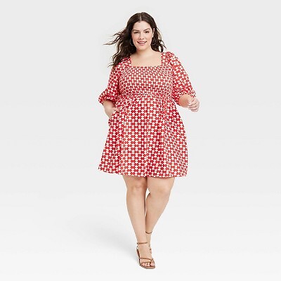 

Женское платье трапециевидной формы со сборками и рукавами-фонариками - Ava - Viv Red Polka Dots, Красный