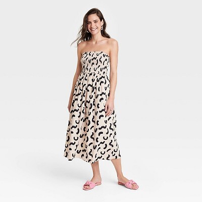 

Женский присборенный сарафан без бретелек - A New Day Tan/Black Squiggle Print