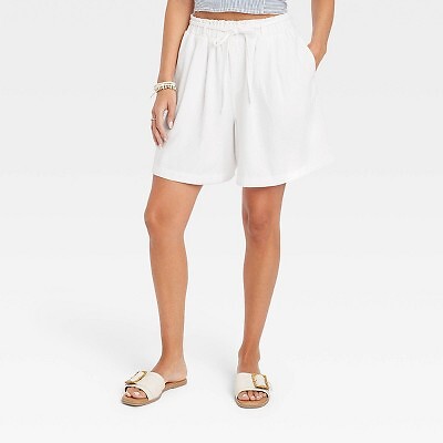 

Жен. Шорты без застежек со средней посадкой из льна с завязками на талии - Универсальная нить Белый