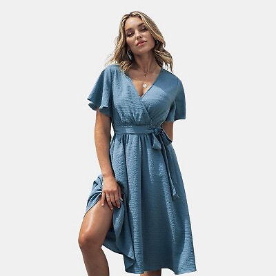 

Женское платье миди с поясом и расклешенными рукавами — Cupshe-M-Blue, Not available