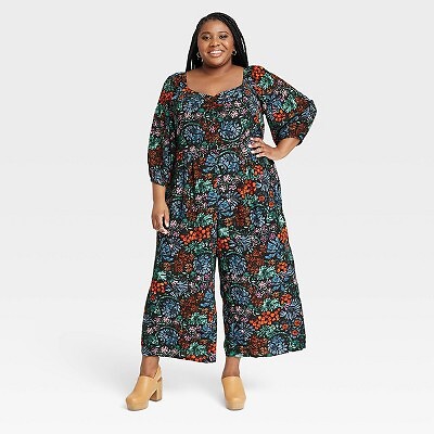 

Женский комбинезон большого размера с пышными рукавами 3/4 - Knox Rose Black Floral, Черный