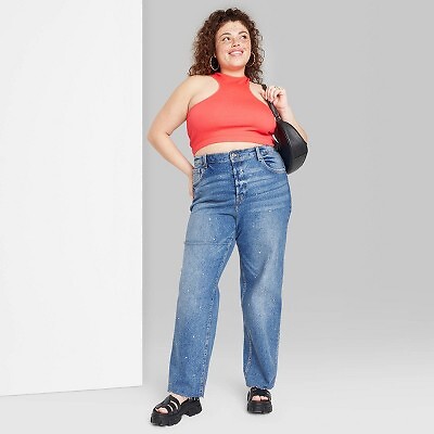 

Женские прямые джинсы со стразами со сверхвысокой посадкой — Wild Fable, средняя потертость, Medium wash