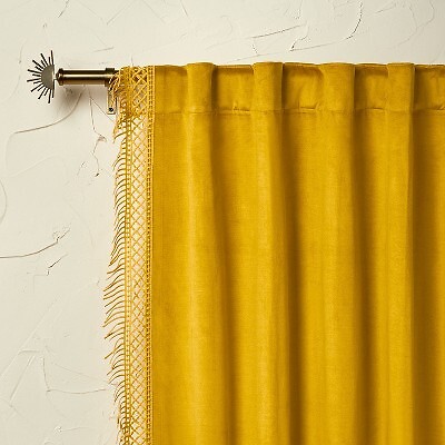 1pc 54''x84'' Light Filtering Velvet Macrame Trim Window Curtain Panel Gold -