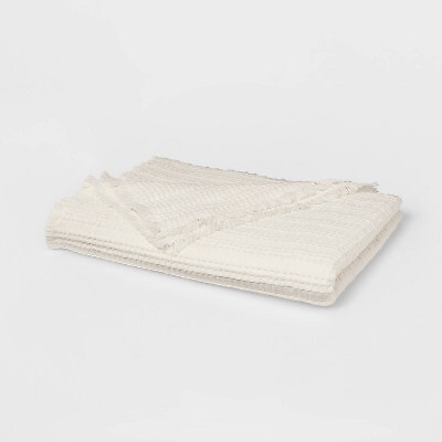 60''x80'' Waffle Weave Fringed Bed Throw Ivory - Threshold