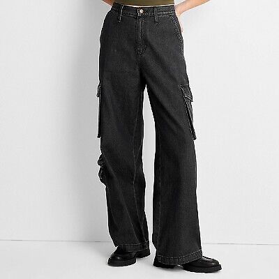 

Женские джинсовые брюки-карго с высокой посадкой и широкими штанинами — универсальная нить, черный 14, Not available