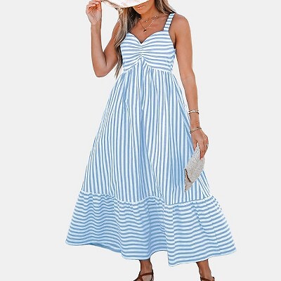

Женское полосатое платье макси со сборками -Cupshe-L-Blue, Not available