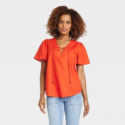 

Женский топ на шнуровке с короткими рукавами - Knox Rose Coral Orange, Оранжевый