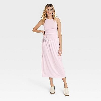 Женское трикотажное платье миди со сборками – универсальная нить розового цвета L