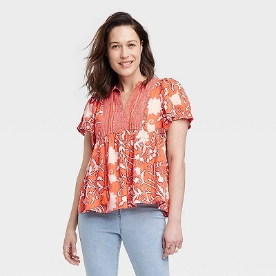 

Женский топ с короткими рукавами развевающийся - Knox Rose Orange Floral, Оранжевый