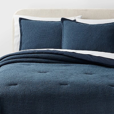 Twin/Twin Extra Long Washed Waffle Weave Comforter and Sham Set Navy Blue -