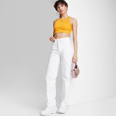 

Женские прямые джинсы с очень высокой посадкой и потертыми швами — Wild Fable White, Белый