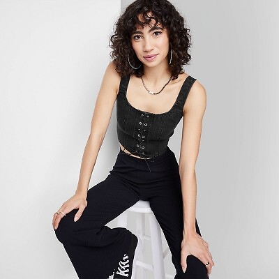 

Женская джинсовая майка с корсетом и кружевом спереди — Wild Fable Black Wash, Черный