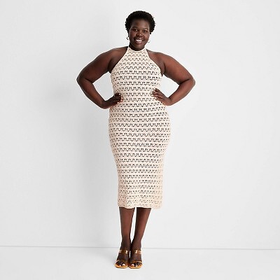 

Женское платье-свитер миди с завязками на шее и открытой вязкой, связанное крючком - Future, Not available