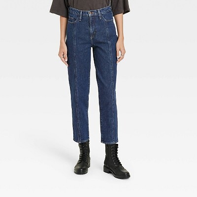 

Женские джинсы прямого кроя с высокой посадкой в винтажном стиле – универсальная нить темного цвета, Dark wash