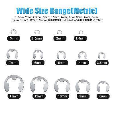 380Pcs Stainless Steel E Clip Circlip Set Retaining Assortment Kit 14 Sizes