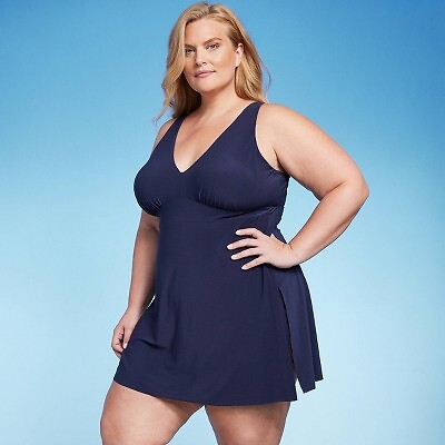 

Женский цельный купальник UPF 50 с V-образным вырезом и боковыми разрезами - Цвет морской волны Темно-синий, Navy blue