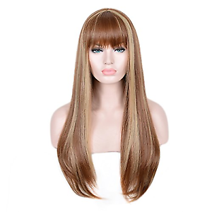 Siyi Long Light Brown Wig With Bangs Blonde Highlights Straight Synthetic Full