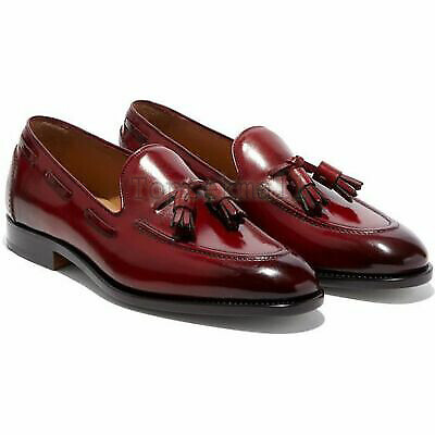 Pre-owned Handmade Men's Leather Dress Classic Burgundy Shaded Tassel Loafers Shoes-300 In Red