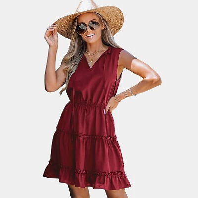 

Женское мини-платье с рюшами и завязывающимся вырезом — Cupshe-S-Red, Not available
