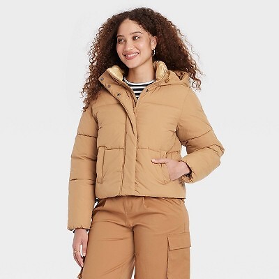 Womens Nylon Puffer Jacket - A New Day Tan M