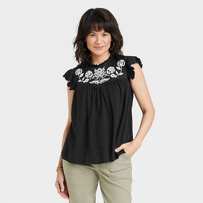 

Женский топ с короткими рукавами и вышивкой - Knox Rose Black Floral, Черный