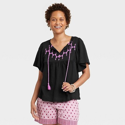 

Женский топ с вышивкой и короткими рукавами развевается - Knox Rose Black/Magenta, Пурпурный