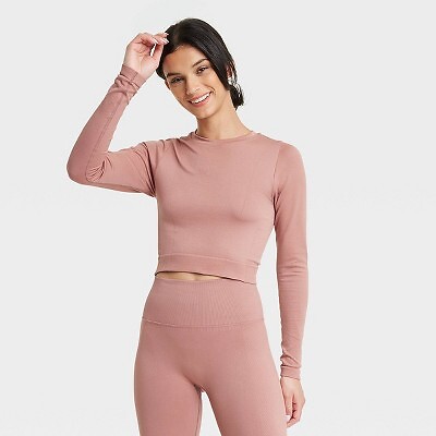 

Женский бесшовный укороченный топ с длинными рукавами — All in Motion Tan XS, Not available