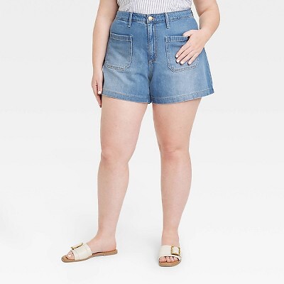 

Женские джинсовые шорты-карго миди с высокой посадкой, универсальная нить, средней стирки, Medium wash