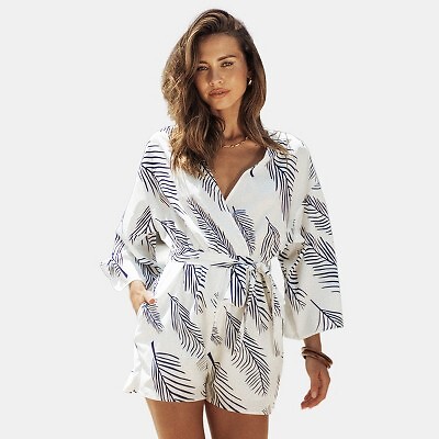 

Женский комбинезон с поясом и принтом листьев -Cupshe-XL-Белый, Not available