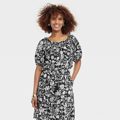 

Женская крестьянская блузка с рукавами до локтя — Knox Rose Black Floral, Черный