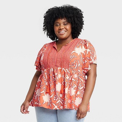 Женский топ с короткими рукавами развевающийся - Knox Rose Orange Floral XXL