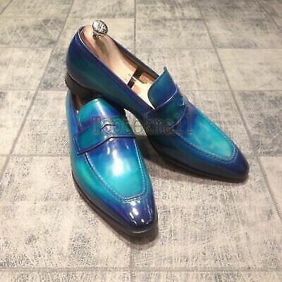 Pre-owned Handmade Men's Leather Ocean Blue Patina Stylish Loafers And Slip On Shoes-897
